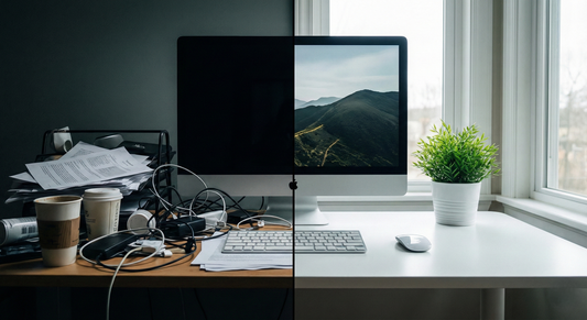 Image qui décrit d’un coup un bureau rangé et de l’autre un bureau pas rangé 