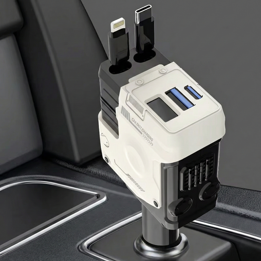 Chargeur Allume-Cigare 4-en-1 Rétractable (120W) : Station de Charge Rapide avec Câbles Intégrés & Voltmètre