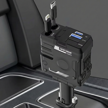 Chargeur Allume-Cigare 4-en-1 Rétractable (120W) : Station de Charge Rapide avec Câbles Intégrés & Voltmètre