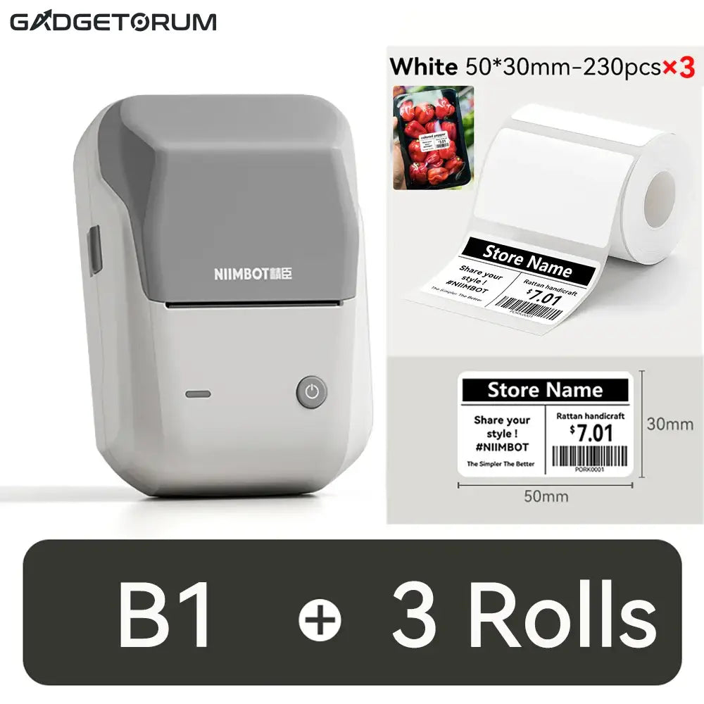 NIIMBOT B1 - Étiqueteuse Thermique Bluetooth Portable (2 Pouces) - Compatible iOS Android & PC + 3 rouleaux inclus