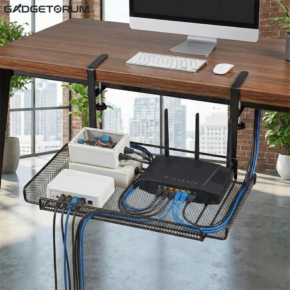 Organisateur de Câbles Sous Bureau Sans Perçage - Panier en Métal Solide