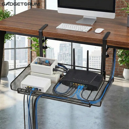 Organisateur de Câbles Sous Bureau Sans Perçage - Panier en Métal Solide